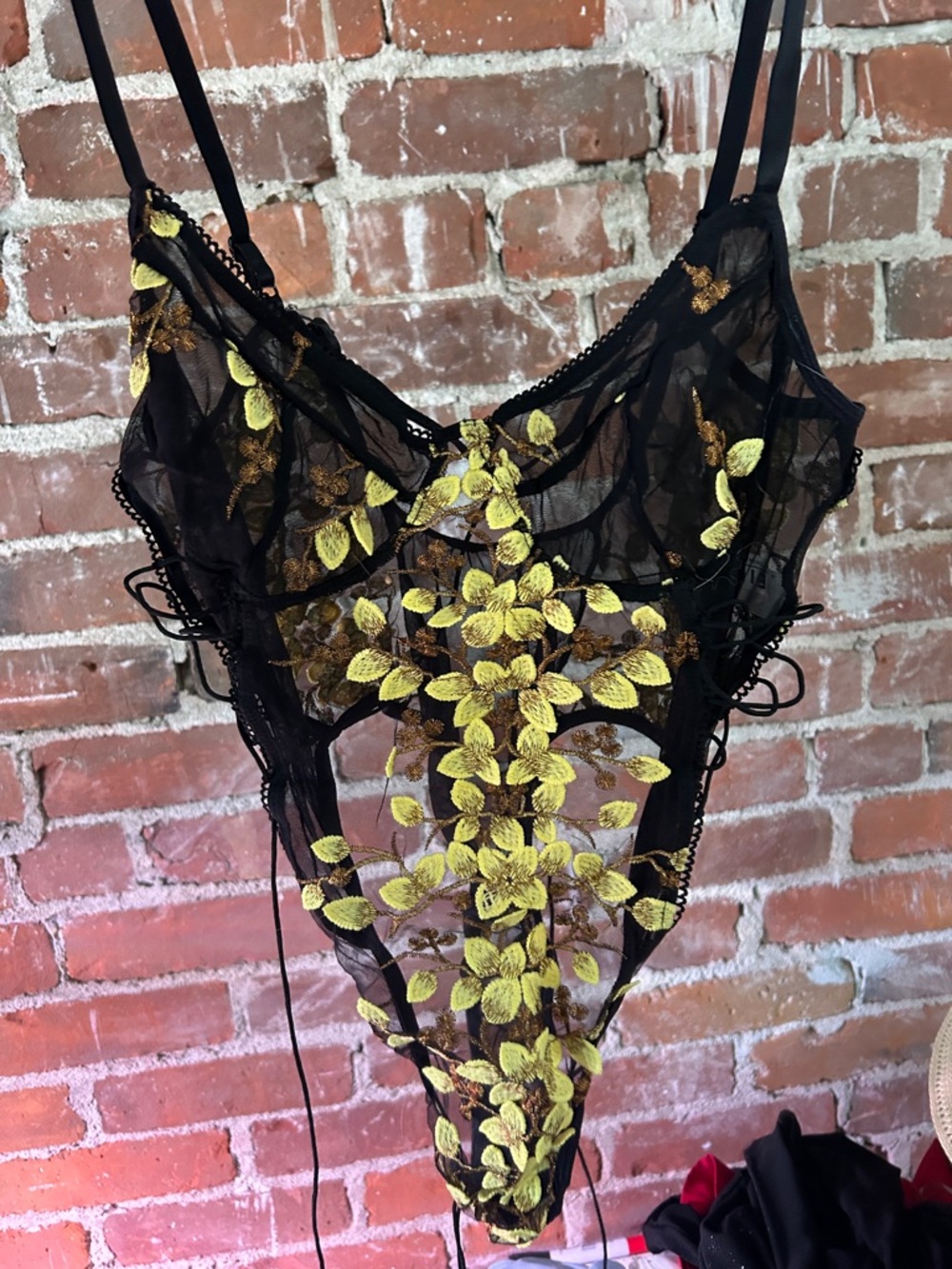 SHEIN Black Sheer Bodysuit with Yellow Floral Embroidery